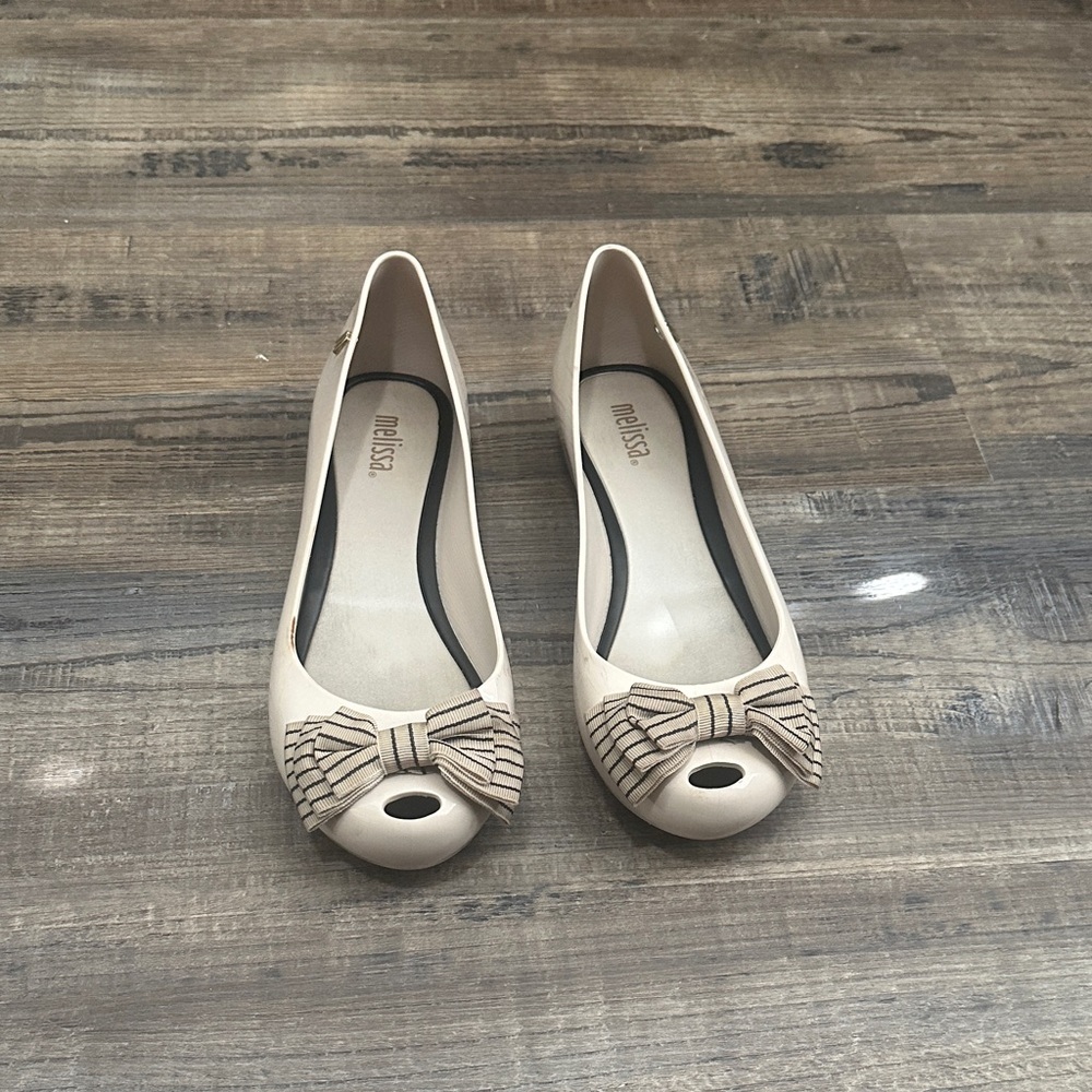 Melissa Beige Peep Toe Flats with Striped Bow